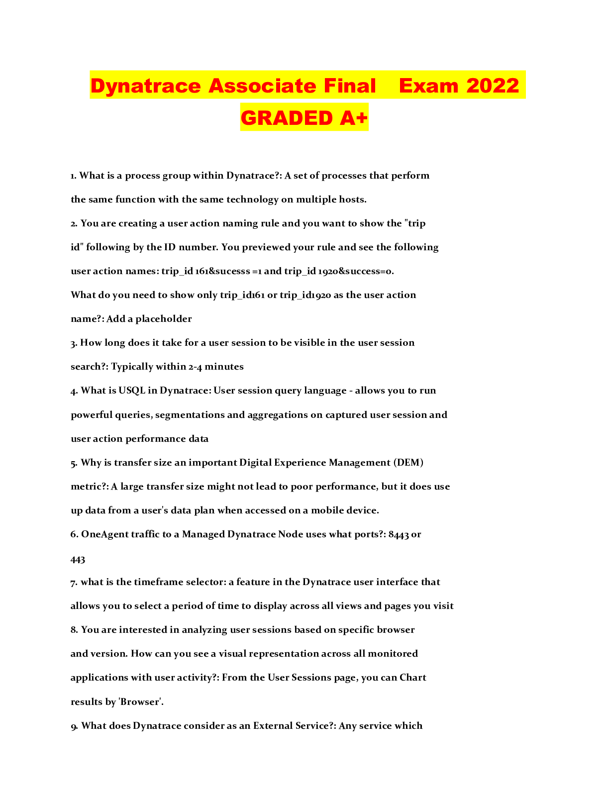 Preview image of Dynatrace Associate Final Exam 2022 GRADED A+ document